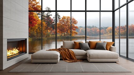 Obraz premium Interior modern living room with cozy fireplace and scenic autumn lake view luxury