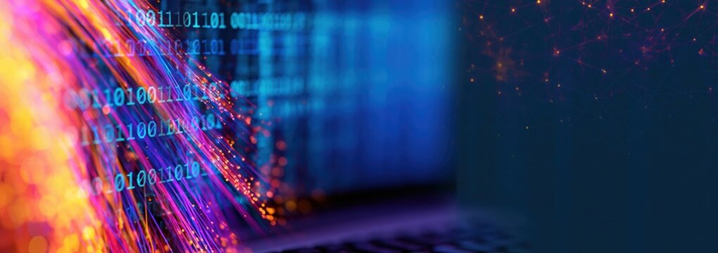 Technology background with digital fiber optic light streaks and binary data code