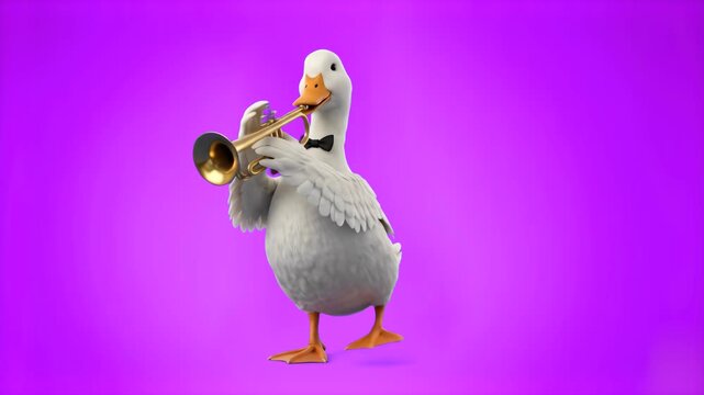 Charming 3D model of a white duck wearing a bowtie and playing a brass trumpet, set against a smooth purple background. Excellent for jazz concert promos, fun music education clips, funny bird animati