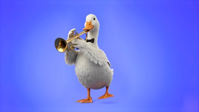 A cute 3D white duck wearing a black bowtie playing a golden trumpet brass instrument isolated on a bright blue background. Ideal for jazz music promos, children's entertainment, animal character anim