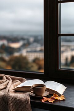 Cozy autumn morning with a book and coffee by the window on a relaxing fall blanket