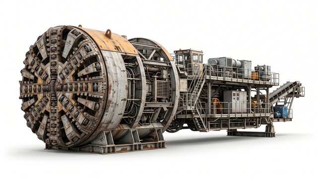 Massive Tunnel Boring Machine TBM Isolated on White Background
