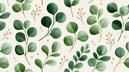 Obraz premium Seamless watercolor pattern with green eucalyptus leaves and golden twigs on a light background. Elegant botanical foliage wallpaper for textile, fabric, and wrap design.