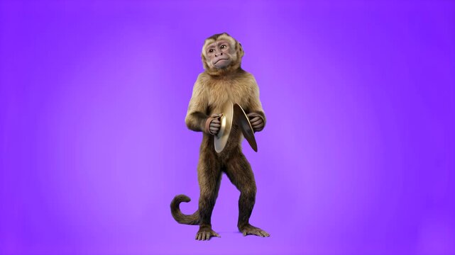 Detailed 3D render of a funny monkey clashing brass cymbals together, set against a rich purple gradient background. Great for creative musical promotions, party flyers, comedic stock graphics, concer