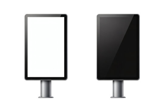 Two realistic modern vertical digital advertising display mockups with one screen illuminated white and the other screen dark&nbsp;&nbsp;