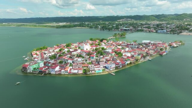 Flores guatemala aerial view of the island city on lake peten itza