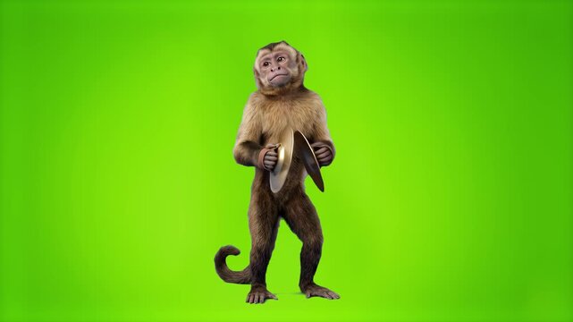 Amusing 3D model of a monkey playing brass cymbals percussion instrument, isolated on a bright green screen chroma key background. Perfect for circus video compositing, comedic VFX overlays, musical p