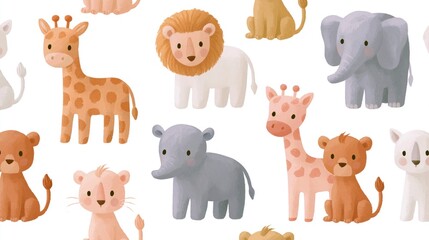 Fototapeta premium Cute Safari Animals Seamless Pattern Illustration with Lion, Elephant, and Giraffe for Kids Nursery and Baby Textiles