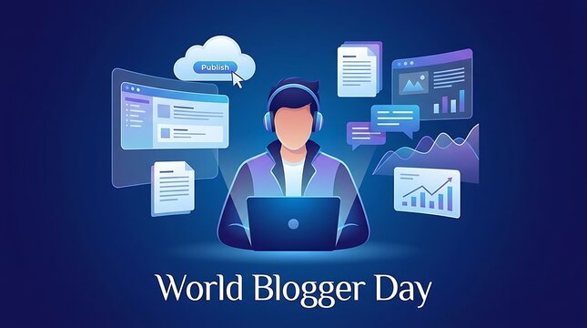 World Blogger Day - Digital Creator Working on Laptop with Cloud Computing and Data Analysis.
