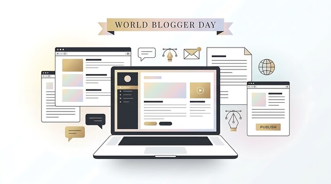 World Blogger Day - Laptop with Blog Interface and Related Icons.