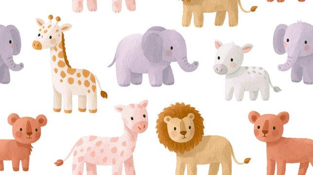 Seamless pattern with cute watercolor safari animals such as giraffe, elephant, lion and zebra for nursery wallpaper and kids fabric design