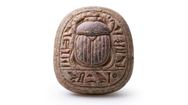 Ancient Egyptian Stone Scarab Amulet with Hieroglyphs Isolated on White Background