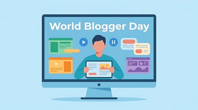 World Blogger Day - Man Blogging on Computer with Various Blog Layouts.
