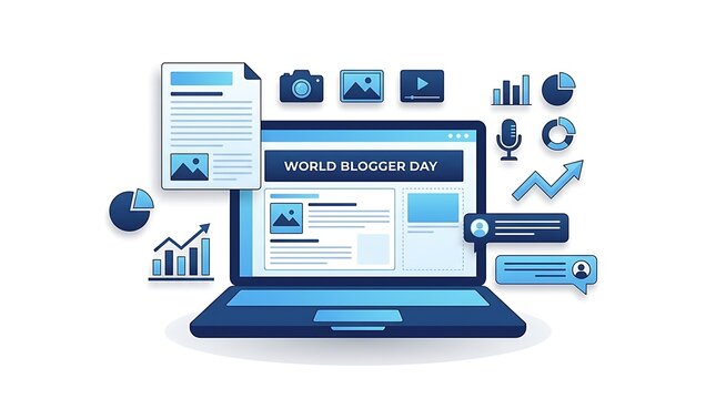 World Blogger Day - Laptop with Blogging Interface and Digital Marketing Elements.