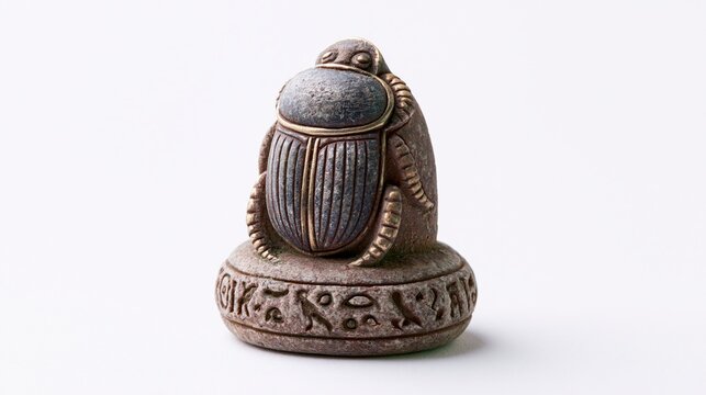 Ancient Egyptian Scarab Amulet with Hieroglyphs Isolated on White Background