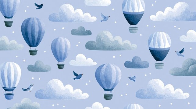 Whimsical Seamless Pattern of Hot Air Balloons, Clouds, and Birds in Blue Sky