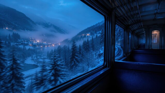 Cozy mountain cabin interior with scenic snowy forest view at dusk. Warm wooden chalet living room overlooking winter landscape through large pictu...