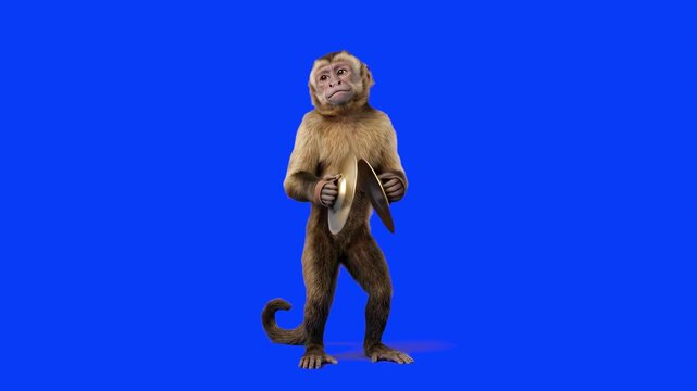 Amusing 3D model of a small monkey playing brass cymbals percussion instrument, isolated on a bright solid blue background. Perfect for circus event marketing, comedy video clips, music promos, childr