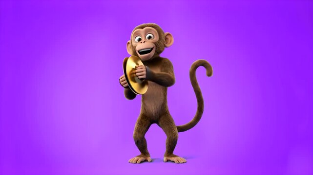 A cheerful 3D rendered cartoon monkey playing brass cymbals on a solid purple backdrop. Perfect for entertaining video clips, kids animations, musical commercial overlays, and graphic design assets.