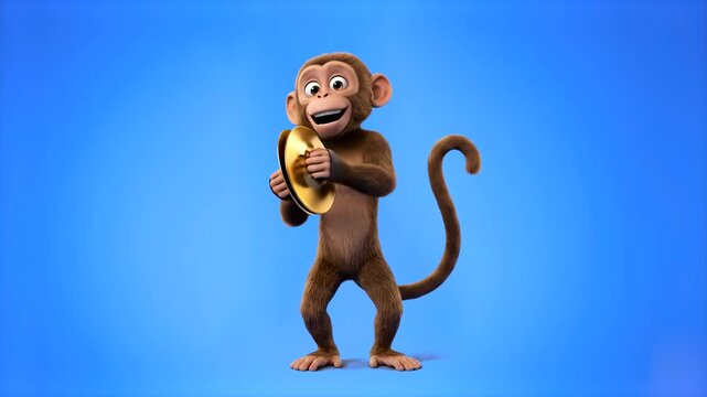 A happy 3D cartoon monkey character enthusiastically playing golden hand cymbals isolated on a bright blue studio backdrop. Ideal for circus themes, music education videos, fun promotions, and childre