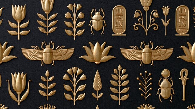 Ancient Egyptian Golden Symbols Pattern on Black Textured Background featuring Scarabs, Lotus Flowers, and Hieroglyphs