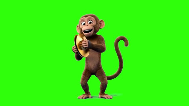 A cheerful 3D cartoon monkey standing and playing golden brass cymbals against a solid green screen backdrop. Perfect for chroma key video editing, children's musical intros, circus promos, and animat