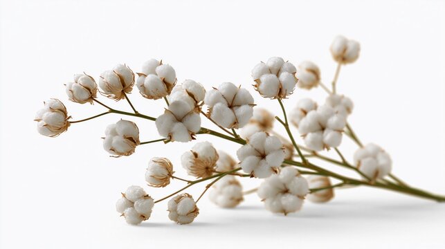 Dry cotton branch with fluffy white bolls on a white background