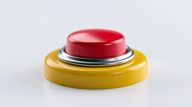Large red push button on a yellow base, conceptual 3D illustration for emergency, alert, or start action.