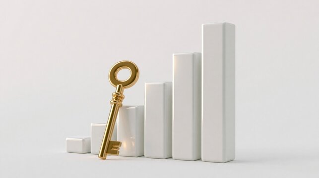 Golden key leaning against a rising white bar chart, symbolizing business success, financial growth, and unlocking new opportunities.