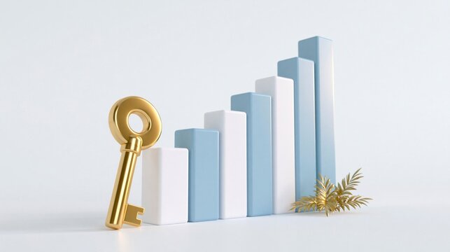 Golden key next to a rising bar chart representing business success and financial growth, 3D rendering
