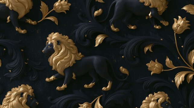 Elegant Ornate Pattern featuring Black Lions with Golden Manes and Baroque Floral Details on Dark Background