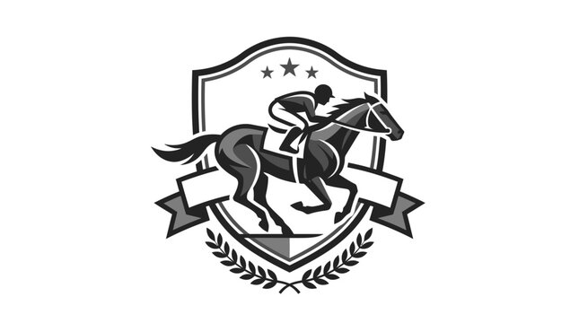 Equestrian sports shield logo with horse and jockey.
