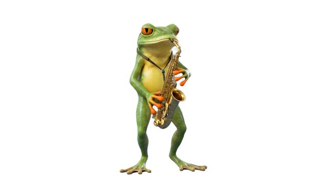A detailed 3D animated green tree frog standing and playing a brass saxophone isolated against a clean white backdrop. Ideal for jazz music promos, tropical animal themes, children's educational media