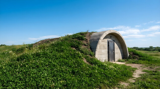 Earthen berm abuts storm shelter isolated on clean surface for modern commercial business asset