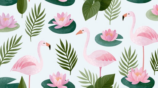 Seamless pattern with pink flamingos, water lilies and tropical leaves on light blue background