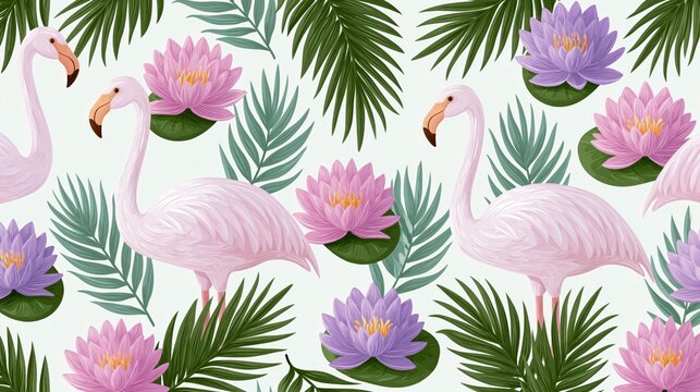 Seamless tropical pattern with pink flamingos, lotus flowers, and palm leaves on a light background