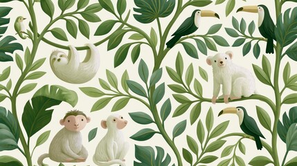 Fototapeta premium Seamless Pattern with Cute Jungle Animals and Tropical Leaves. Hand-painted Illustration with Sloth, Monkey, Toucan, and Koala in Rainforest Foliage.