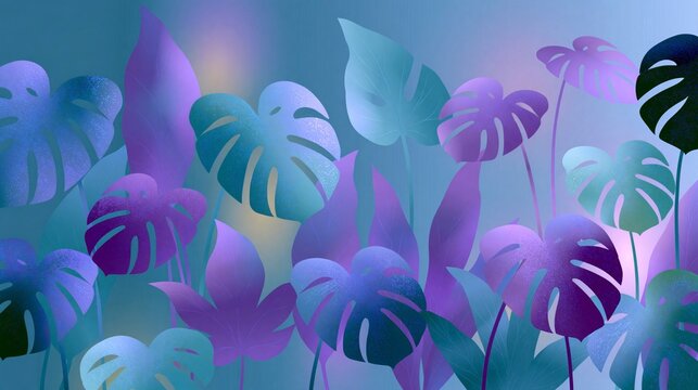 Abstract Illustration of Tropical Monstera Leaves in Vibrant Purple and Blue Neon Colors