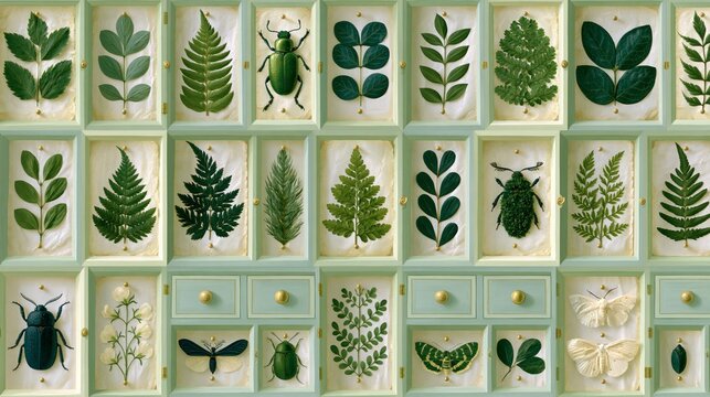 Vintage botanical and entomological collection in a light green display cabinet with various leaves, ferns, beetles, and moths.