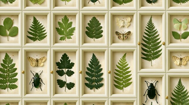 Collection of botanical leaf specimens and insect taxidermy in vintage display frames