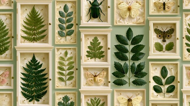 Collection of framed botanical leaves and insect specimens including butterflies and beetles in a vintage scientific display on a green background