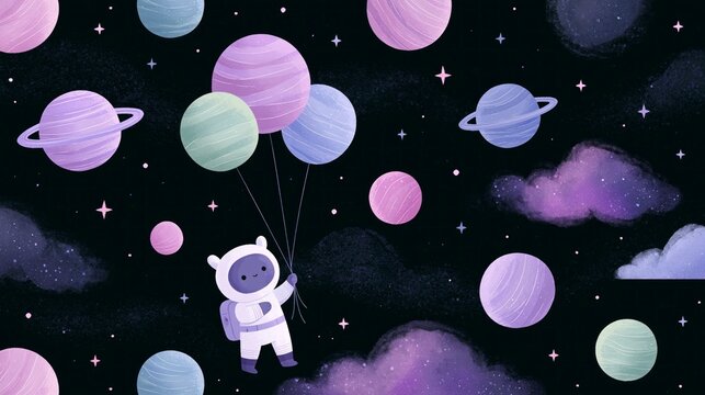 Cute cartoon astronaut floating in space holding planet-shaped balloons, whimsical celestial illustration with stars and nebulae.