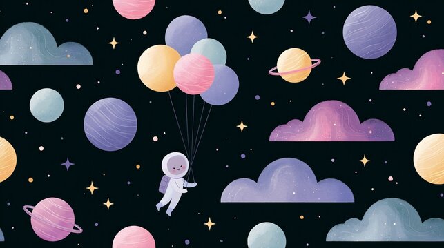 Cute Cartoon Astronaut Floating in Outer Space with Planet Balloons, Whimsical Seamless Pattern for Kids