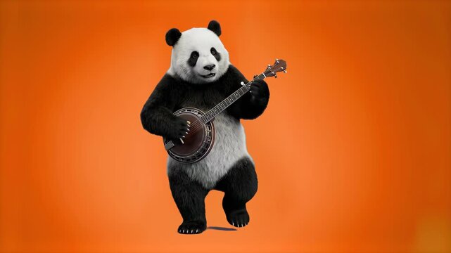 A cheerful 3D giant panda bear playing the banjo and dancing joyfully isolated on a vibrant orange background. Perfect for children's music videos, acoustic concert promos, funny animal marketing camp