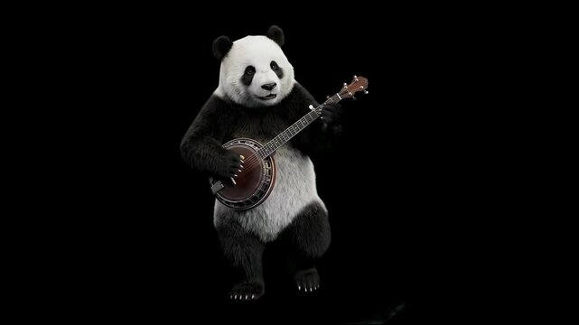 A cute 3D giant panda bear playing a banjo musical instrument while dancing isolated on a sleek black background. Ideal for music promos, country music visuals, children's entertainment, animal charac