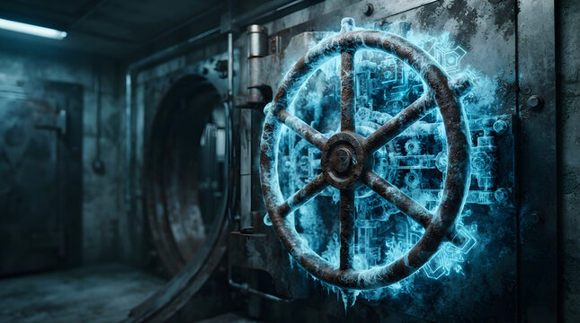 Rusted vault wheel frozen by isolated on clean surface for modern commercial business editorial