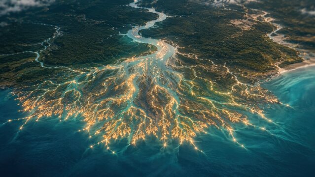 Aerial view of golden sun rays reflecting on ocean waves at sunrise. Stunning natural light beams shining through water creating dramatic coastal l...