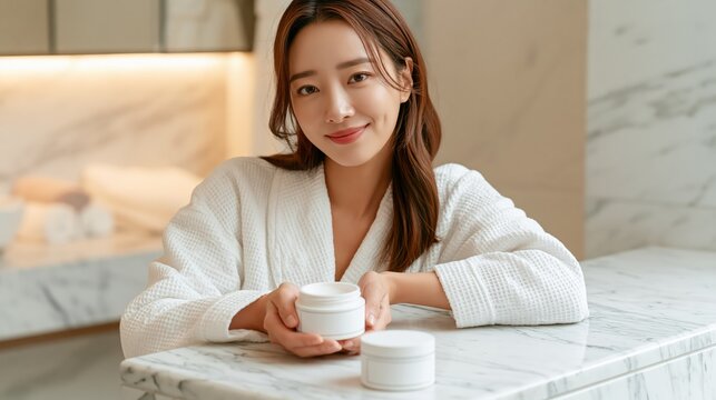 Korean woman cradling an open cream jar on a marble counter with a gentle smile. Concept of face cream product mockup.