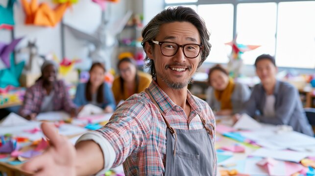 Master origami artist in a welcoming pose with students folding paper at tables behind. Concept of origami masterclass.