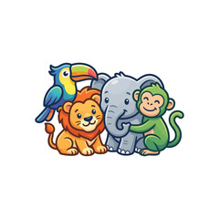 Naklejka premium Cute Cartoon Animals: Lion, Elephant, Monkey, Toucan Friends Together